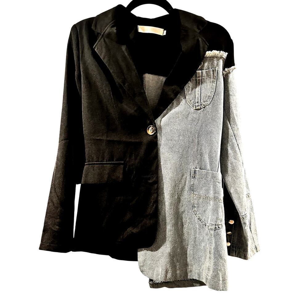 Madonna & Co – Asymmetrical Denim Blazer – Black/Blue – Size Medium
